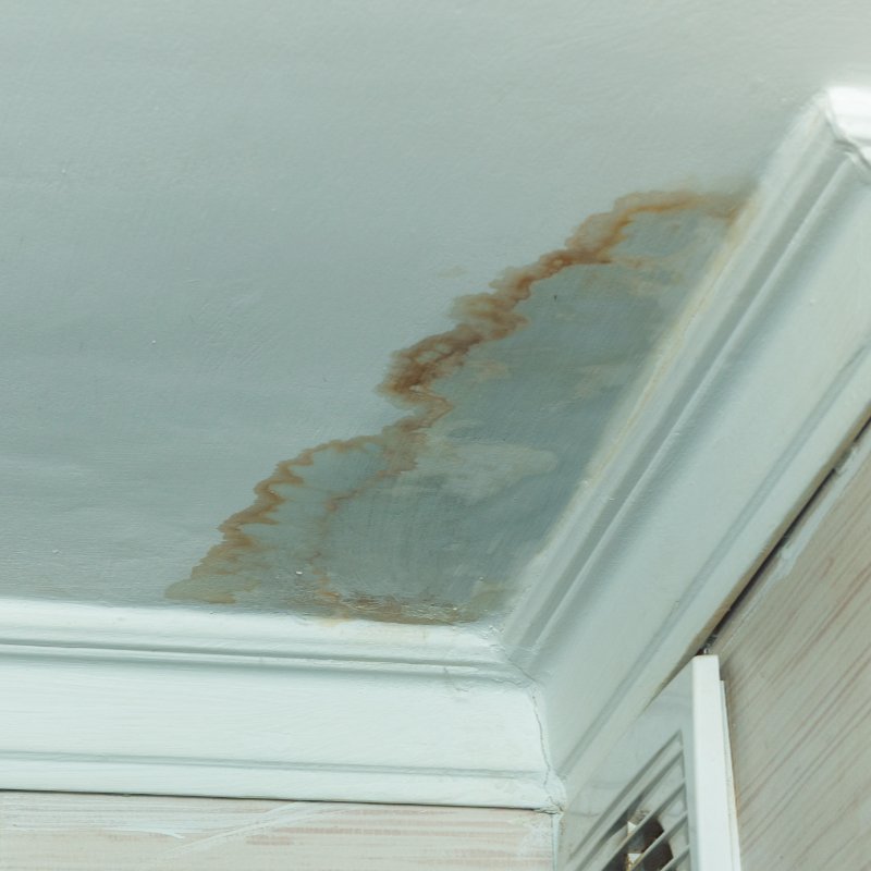 large brown water stain on a ceiling